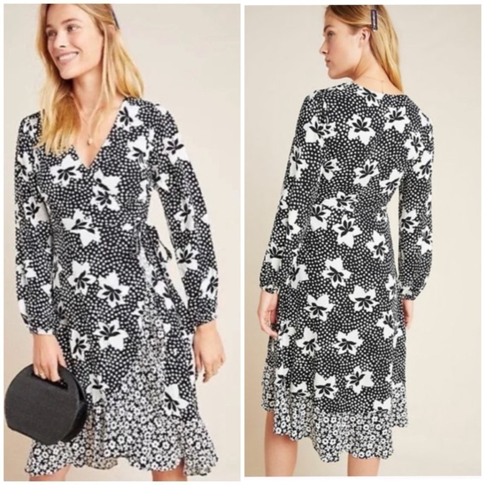 Anthropologie Amity Wrap Dress Black white floral XS